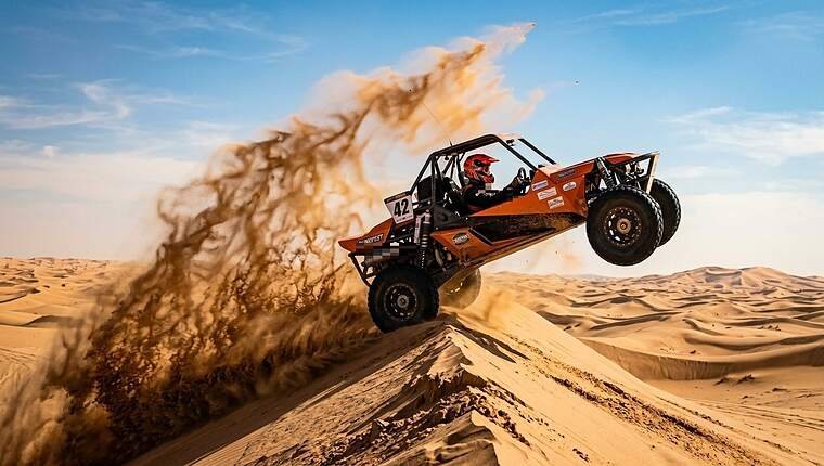 Solo driver airborne in a 1-seater dune buggy over a desert dune