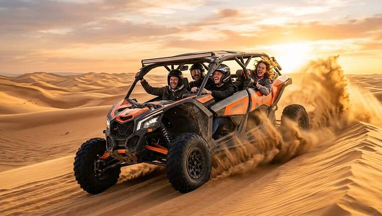 Four friends shouting with joy in a 4-seater family dune buggy at sunset