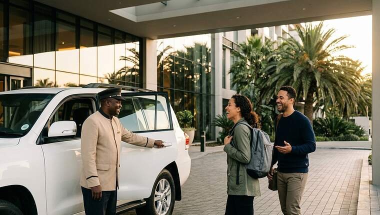 Uniformed driver opening the Land Cruiser door for a couple at their Abu Dhabi hotel
