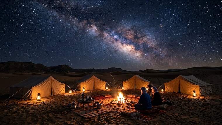 Sleeping canvas tents and a campfire under a star-filled desert night sky