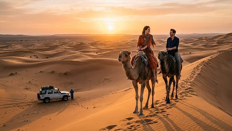 A couple riding camels alone on a dune with their private Land Cruiser waiting below