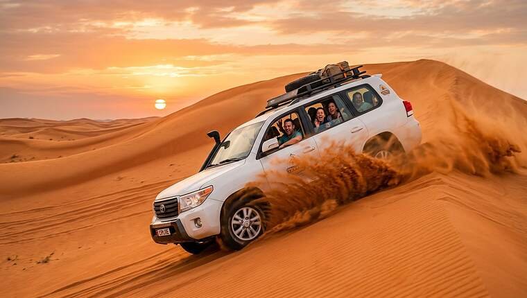 White Land Cruiser packed with smiling guests mid-dune-bash on a sunset desert safari