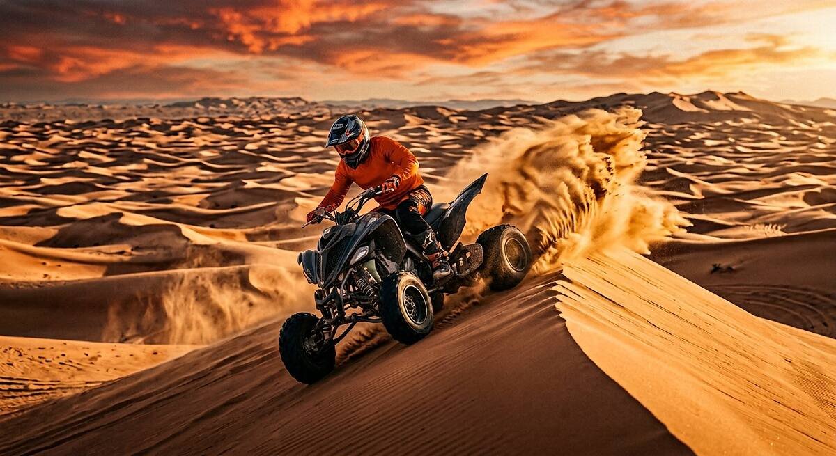 Guest riding a quad bike along a desert dune ridge at sunset